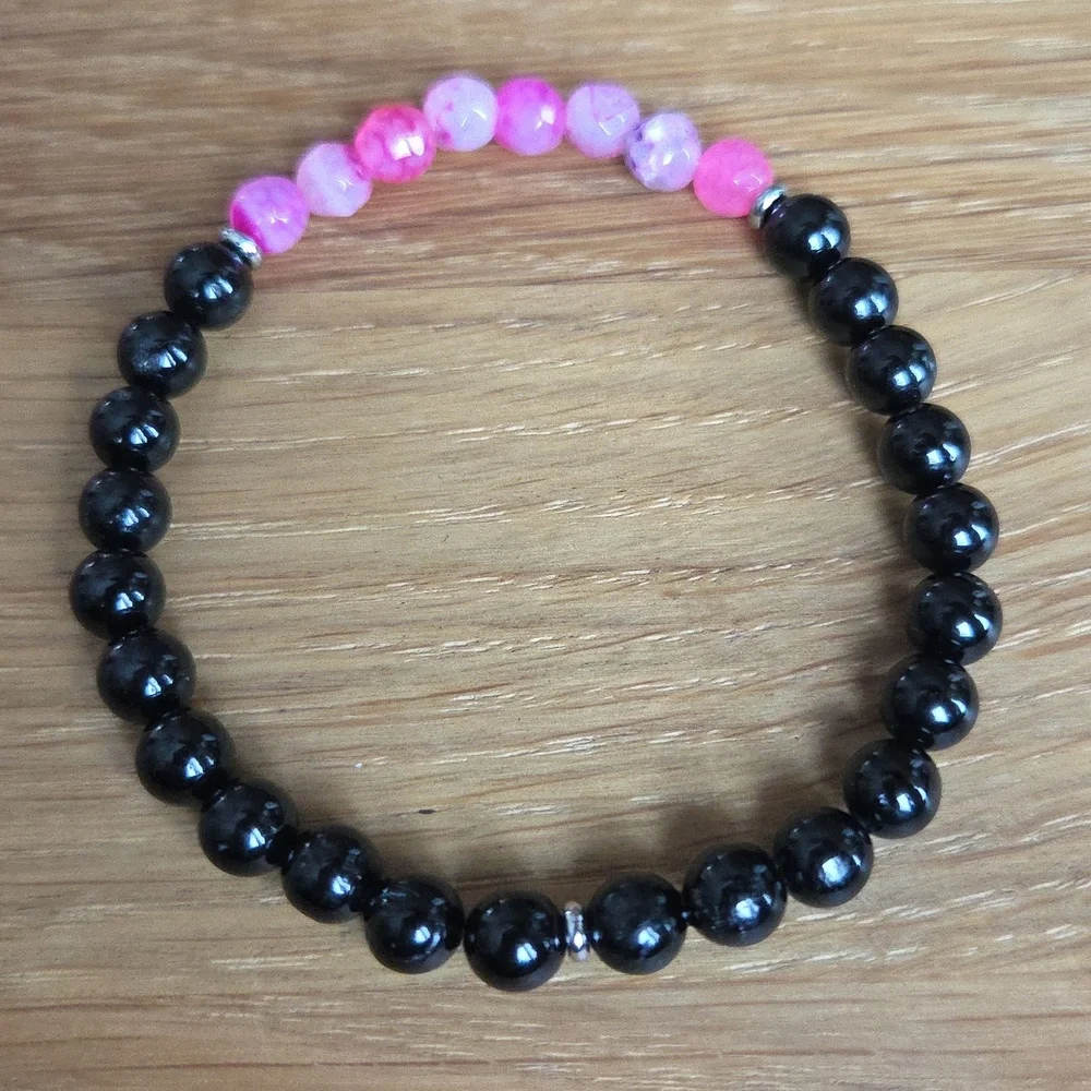 Pink Botswana Agate & Black Onyx Beads Bracelet Set, Stretch, Hand Crafted - Picture 3 of 9